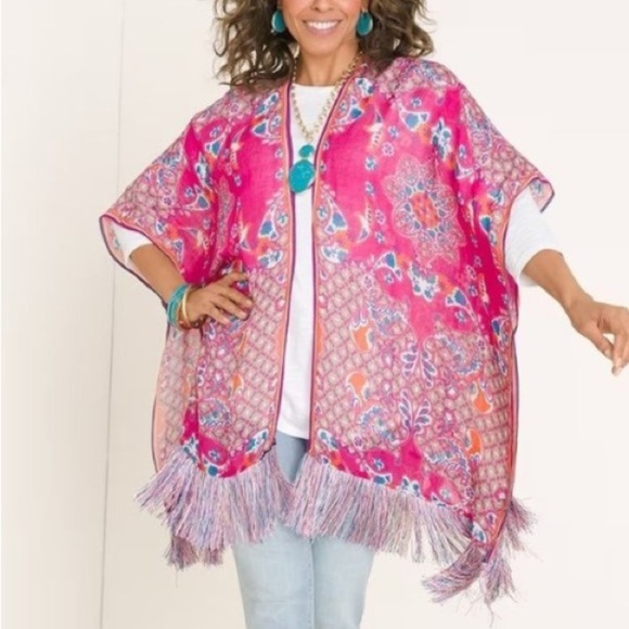 Chico's Blue and Pink Kimono with Fringe Detail - Picture 1 of 14